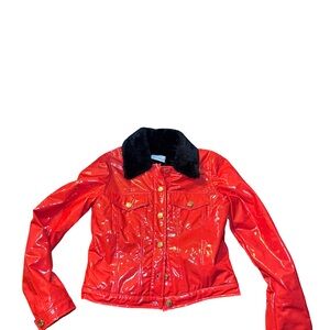 Chiara Ferragni Red Patent Bomber Jacket with Black Faux Fur Collar